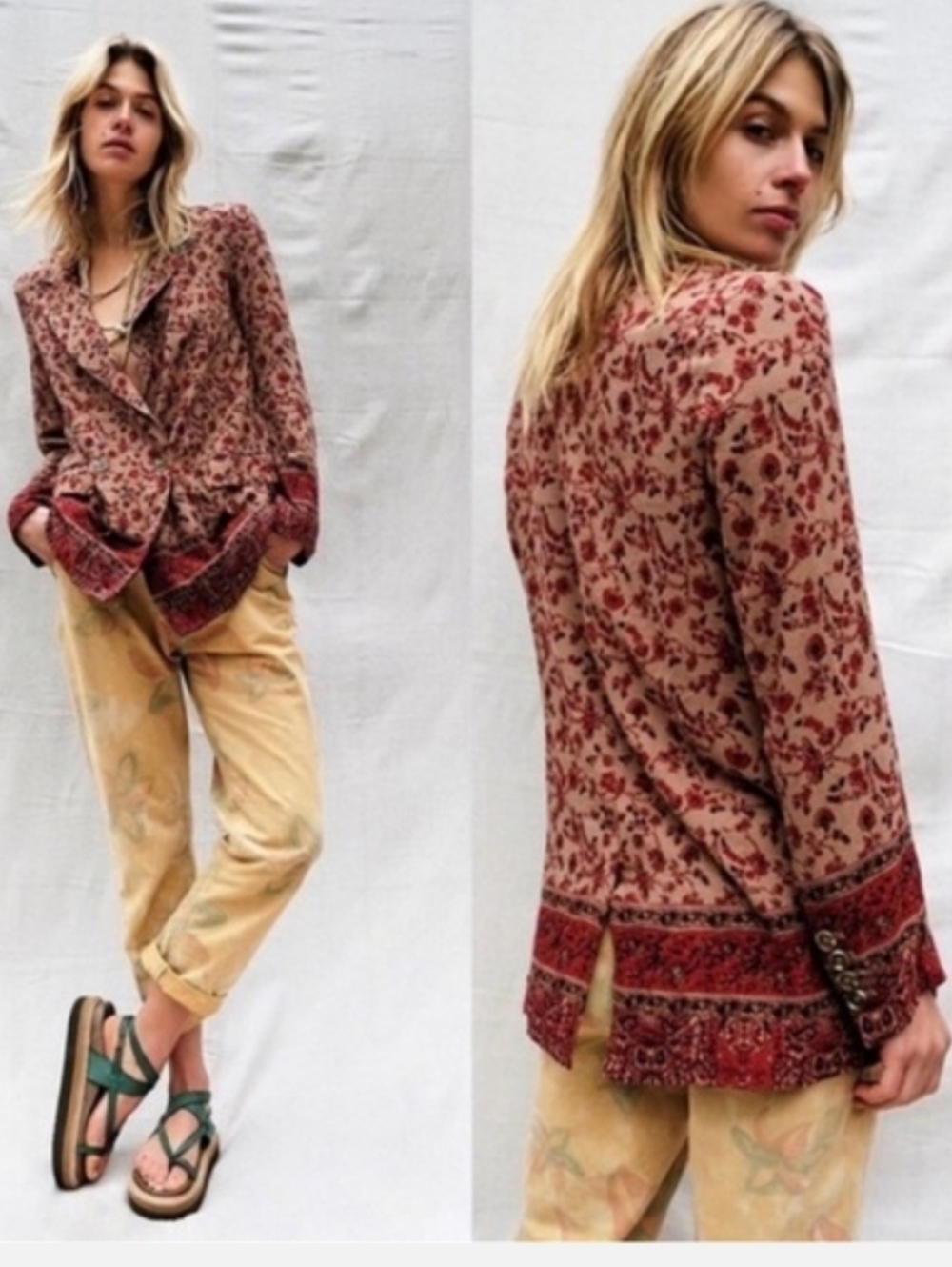 Free People Bellflower Floral Print Linen Blend Long Blazer Jacket Womens Size L - Picture 2 of 16